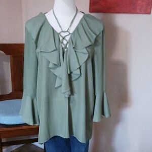 My Michele- Elegant Green Ruffle Blouse